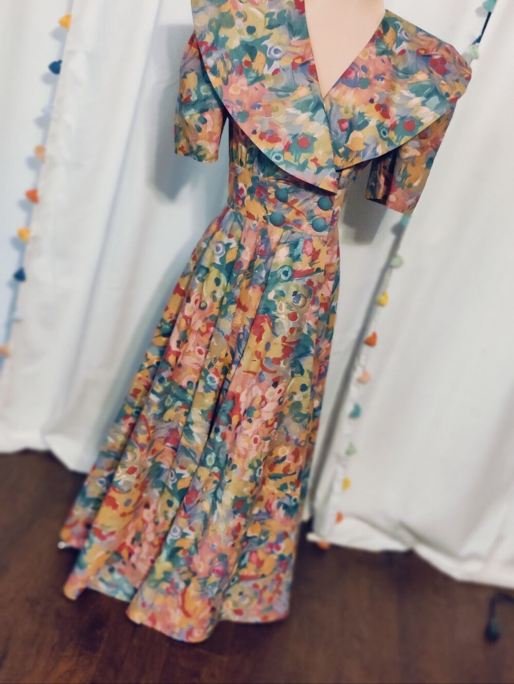Iconic 80s poloshied cotton Huge Collar Watercolor Monet Floral Dynasty Dress SM